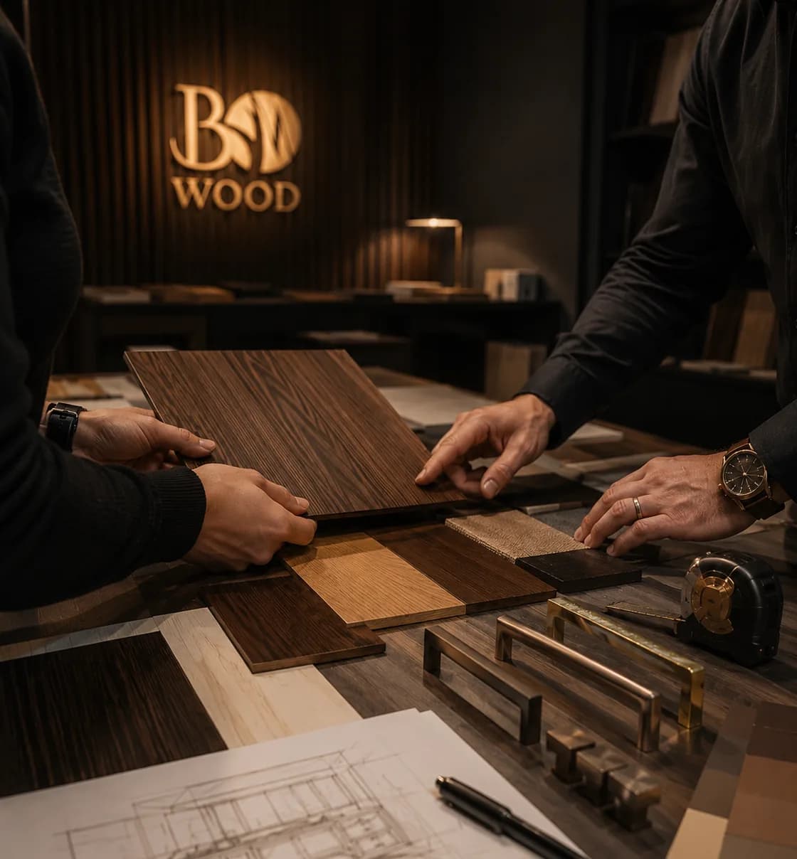 Consultation showroom BM Wood autour des matieres et finitions pour cuisine sur mesure