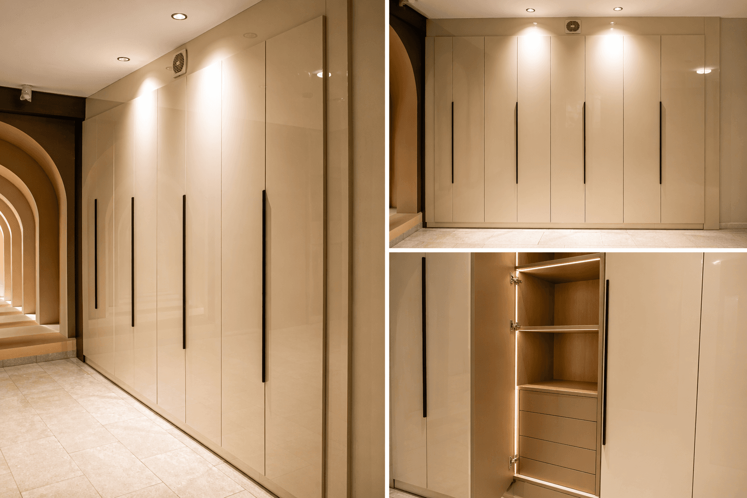 Dressing Beige Prestige BM Wood avec facades brillantes et poignees noires