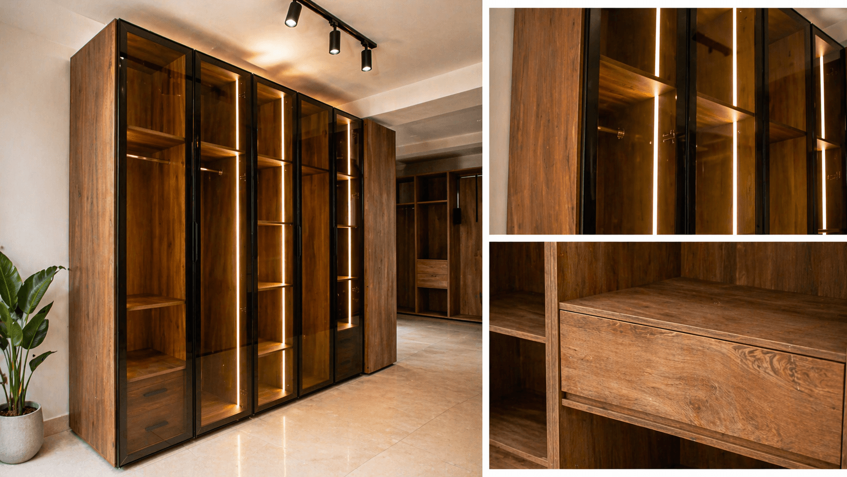 Dressing OREA BM Wood avec bois naturel, verre fume et eclairage LED