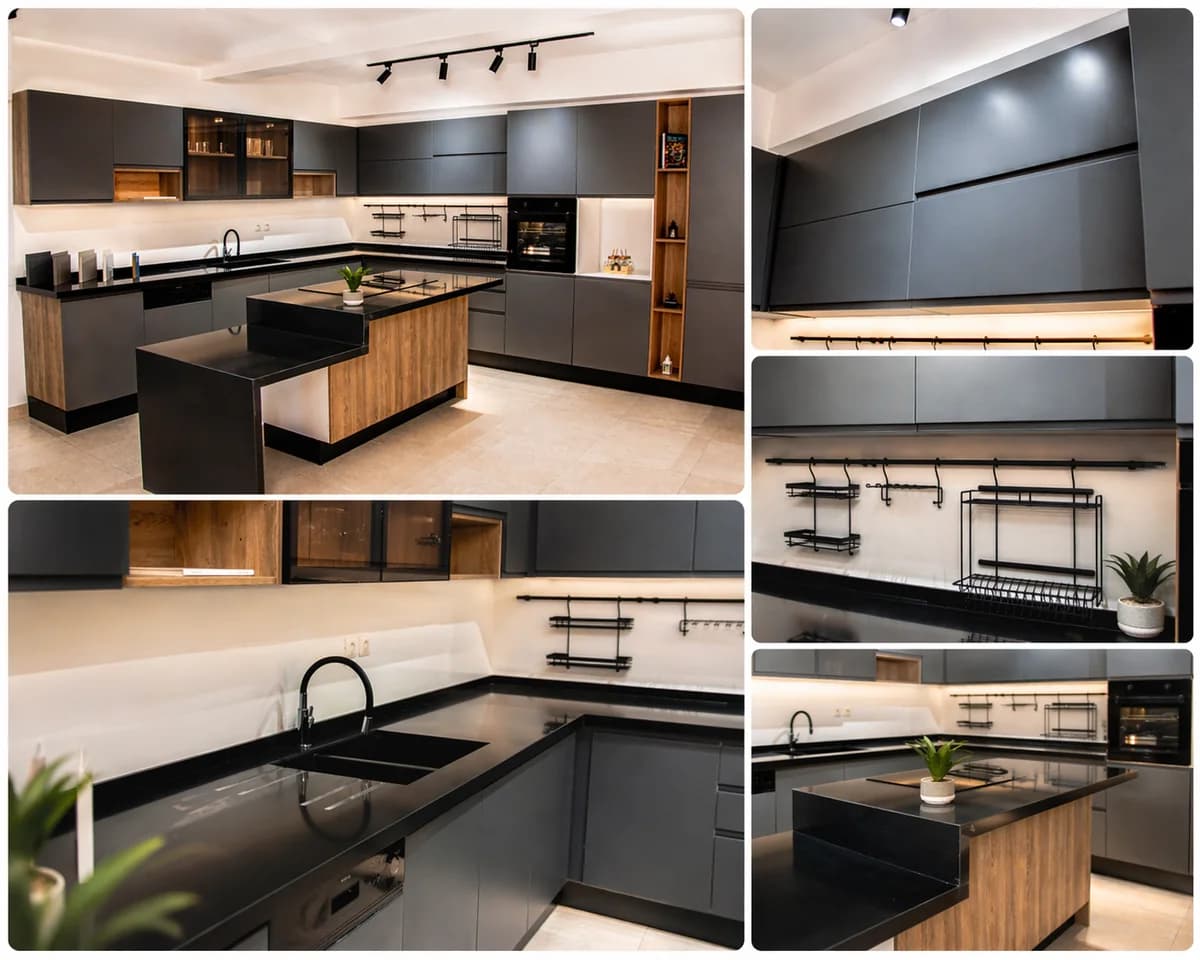 Cuisine Prestige BM Wood avec ilot central et facades grises