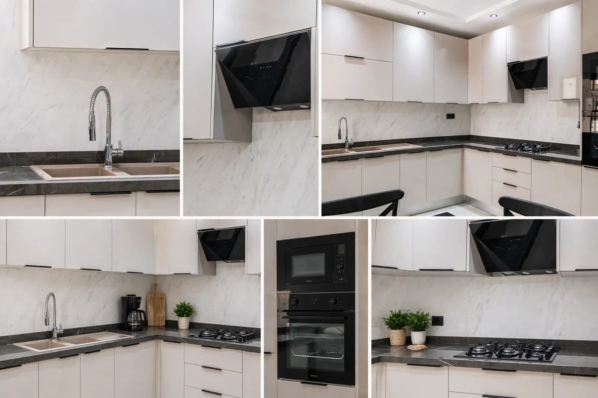 Cuisine Pure Marbre BM Wood avec facades blanches et revetement effet marbre